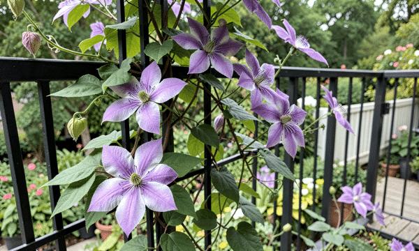 Clématite en fleurs sur un treillis de balcon